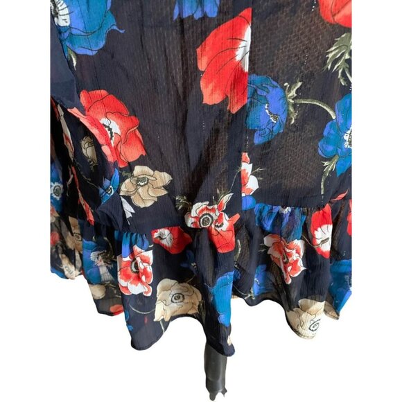 🍒 2/$20 🍒 Navy Blue Floral Sheer Blouse Ruffled Accents  sz M - Picture 4 of 4